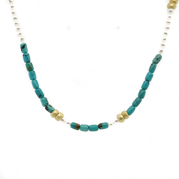 Turquoise, Pearl & Yellow Gold Bead Necklace