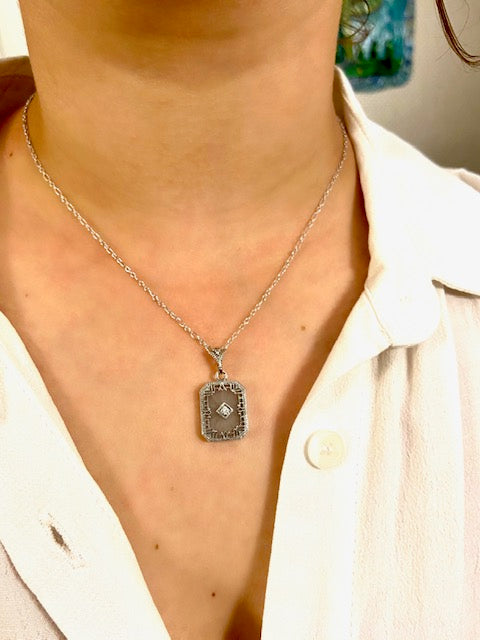Art Deco Camphor Glass Diamond Center Filigree Necklace