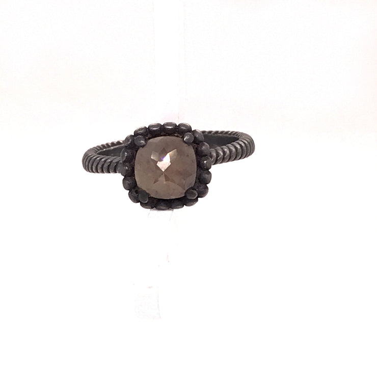Oxidized Silver Brown Cushion Cut Diamond Ring With Beaded Bezel
