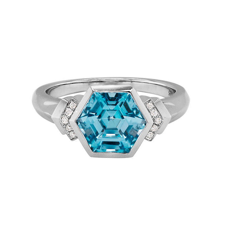 Hexagon Blue Topaz Ring with Diamond Accents