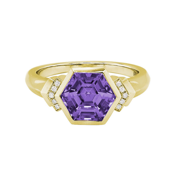 Hexagon Amethyst Ring with Diamond Accents
