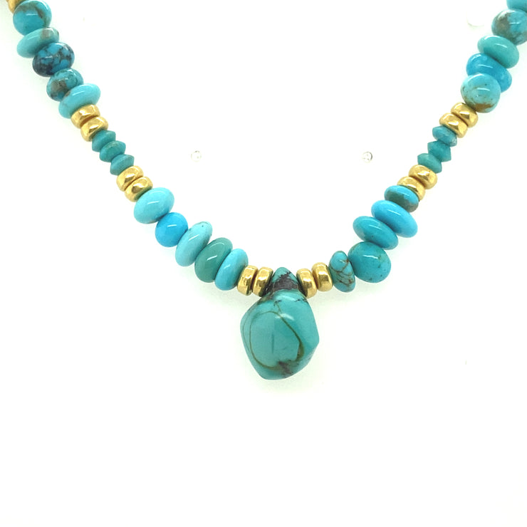 Turquoise Nugget & 18k Yellow Gold Bead Necklace