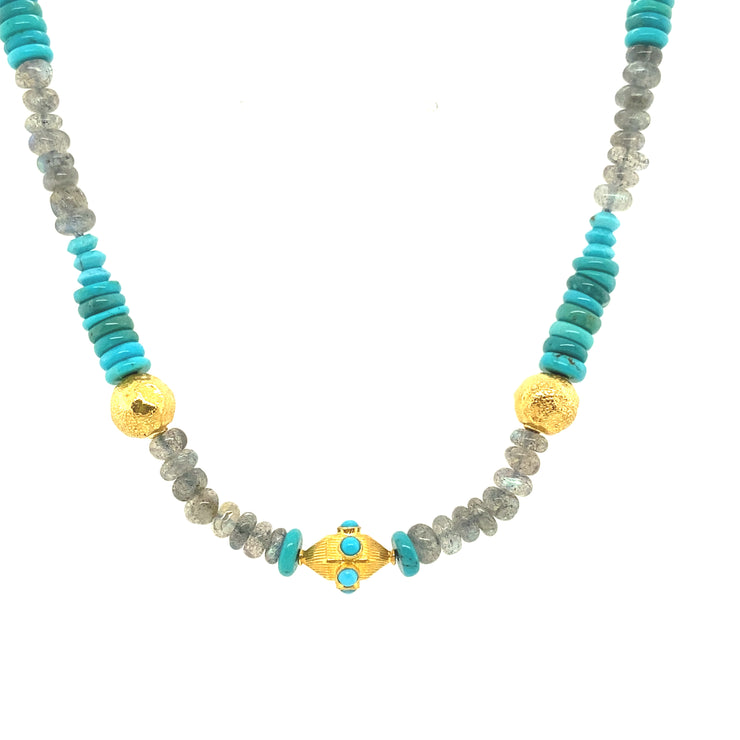 Turquoise, Labradorite & 18k Yellow Gold Beaded Necklace