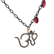 Oxidized "OHM" Necklace with Garnet Accents