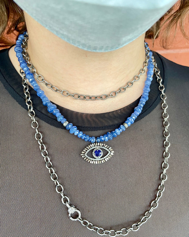 Rough Cut Sapphire Bead Necklace with Diamond Evil Eye