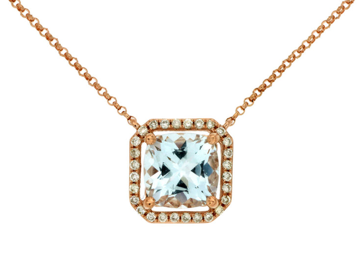 Cushion Cut Aquamarine & Diamond Halo Necklace