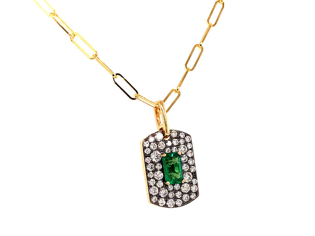 Scattered Diamond Emerald Center Dog Tag Necklace
